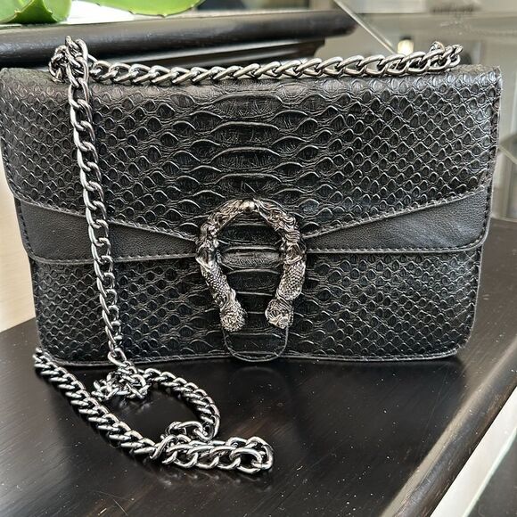 New python embossed vegan leather shoulder handbag purse gun metal designer-like - Picture 2 of 11